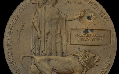 Great War Bronze Memorial Plaque (Carsten Francis Henry Titjen), one or two verdigris spots, ve...