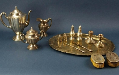 Group of Sterling Items, Tray, Teapot, Candlesticks