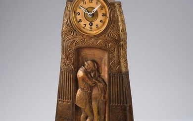 Gustav Gurschner, a tall table clock with amorous couple in Gothic costume and Celtic motifs, model number: 1417, executed by K. K. Kunsterzgiesserei, Vienna, 1913