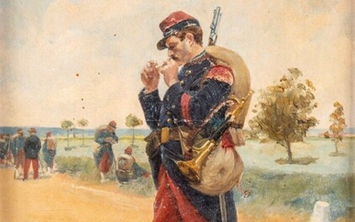 Gustave NEYMARK (1850-1910) : « Soldat fumant sa pipe » - Huile sur toile signée...