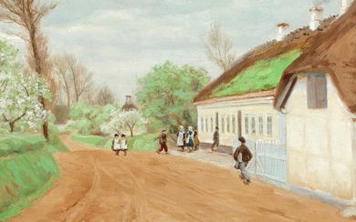 H. A. Brendekilde: Schoolchildren on a quiet spring day. Signed and dated H. A. Brendekilde 94. Oil on canvas. 30×40 cm.