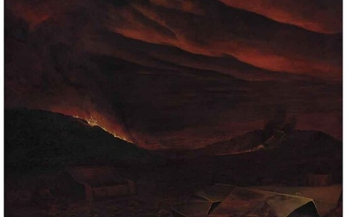 HUGO PÉREZ GALLEGOS, Incendio en Xochiaca, Firmado y fechado 2005 al reverso, Óleo sobre tela, 154.5 x 219.5 cm, Con certificado | HUGO PÉREZ GALLEGOS