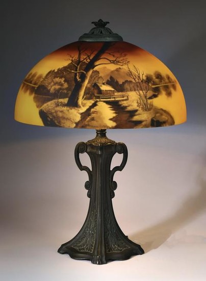 Handel style reverse painted lamp w/ winter scene