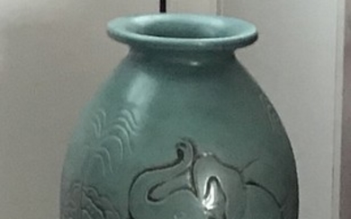 Earthenware floor vase decorated with landscape and elephant in relief Made by Knabstrup. H. 48 cm.