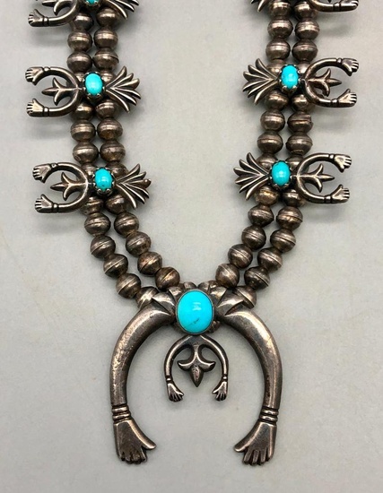 Helping Hands Themed Turquoise And Sterling Silver Squash Blossom Necklace