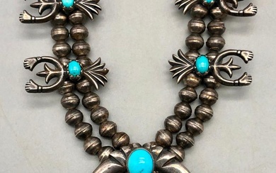 Helping Hands Themed Turquoise And Sterling Silver Squash Blossom Necklace