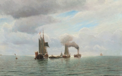 Holger Lübbers: Seascape with boats beeing pulled. Signed and dated H. Lübbers 1922. Oil on canvas. 74.5×107 cm.