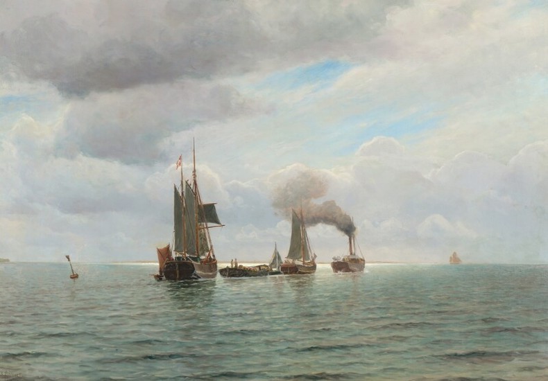 Holger Lübbers: Seascape with boats beeing pulled. Signed and dated H. Lübbers 1922. Oil on canvas. 74.5×107 cm.