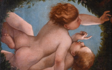 ITALIAN SCHOOL, 17TH/18TH CENTURY, FROLLICKING PUTTI - A STUDY FOR A CEILING FRESCOE, Oil on canvas, 18 x 22 in. (45.7 x 55.9 cm.), Frame: 26 1/2 x 31 in. (67.3 x 78.7 cm.)