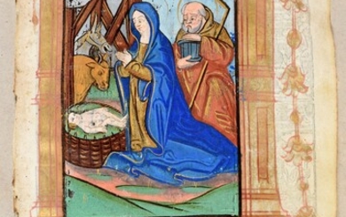 Illuminated vellum leaf of a printed Book of Hours, depicting the Nativity. [Paris ca. 1500]...