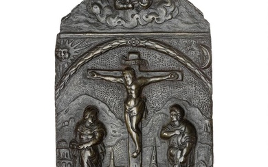 Italy, bronze Plaquette, 16th century, Christ on the cross on a hill...