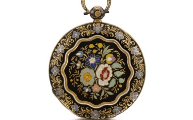 JN AE GAUD À GENÈVE | A LADY'S GOLD AND CLOISSONÉ ENAMEL HUNTING CASED CYLINDER LAPEL WATCH CIRCA 1840