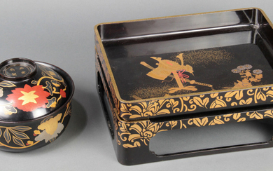Japanese Makie Lacquered Lidded Container and Tray-table/Stand