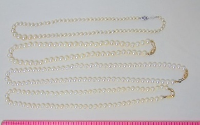 Jewelry. (4) Vintage Pearl necklaces w/ 14kt gold clasp. one white gold three yellow gold. see