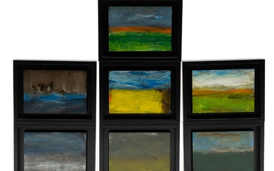 Johan van den Berg (1939-2019) , 'Landschap bij schemerlicht', 'Figuren in avondlandschap', 'Geel tafellandschap' en 4 soortgelijke voorstellingen