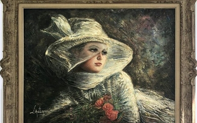 Juan Lopetegui, Lady in White Hat, Oil on Board