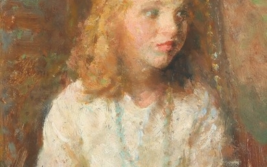 Julius Paulsen: Portrait of a girl in a white dress. Signed J. P. (scratched). Oil on panel. 27×22 cm.