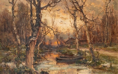 Julius VON KLEVER (1850-1924) Paysage de rivière au crépuscule d’hiver Huile sur toile Signé et...