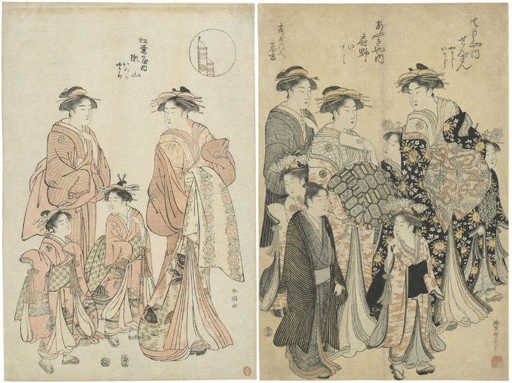 KATSUKAWA SHUNCHO (ACTIVE CIRCA 1780-1801), Two woodblock prints of parading courtesans