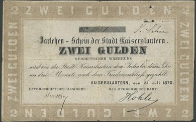 Kaiserslautern, Darlehensscheinen, 4 St.:, 2x 1 Gulden 31.7.1870 Ser. Nr....
