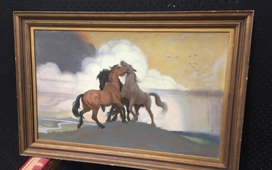 Kathleen Pearson, "Stallions Fighting, 1951" pastel, frame: 52 x 77 cm, signed and date lower right
