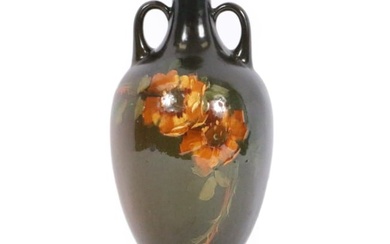 LARGE Weller Louwelsa 13 inch double handled glazed pottery vase with floral motif. 13"H x 5