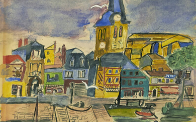 LUDWIG BEMELMANS. "Les Sables d'Olonnes." Fine art painting, 1948. Mixed media, including watercolor,...
