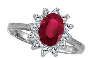 Lady Diana Oval Ruby and Diamond Ring 14k White Gold 1.50 ctw