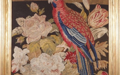 Large Antique Needlework Embroidery "Parrot Amongst Flowers"