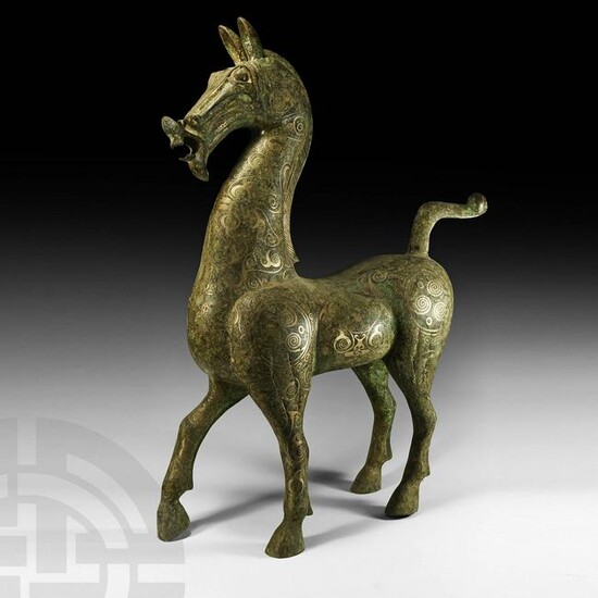 Large Chinese Bronze Horse with Silver Inlays