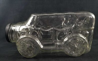 Large Clear Glass Cookie Jar In Shape Of Antique Car