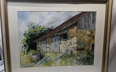 Large Signed Fawn Watercolor Painting of Old Barn