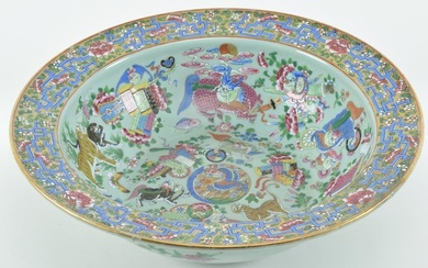 Large porcelain basin. China. Mid 19th century. Chinese export ware. Celadon ground with famille
