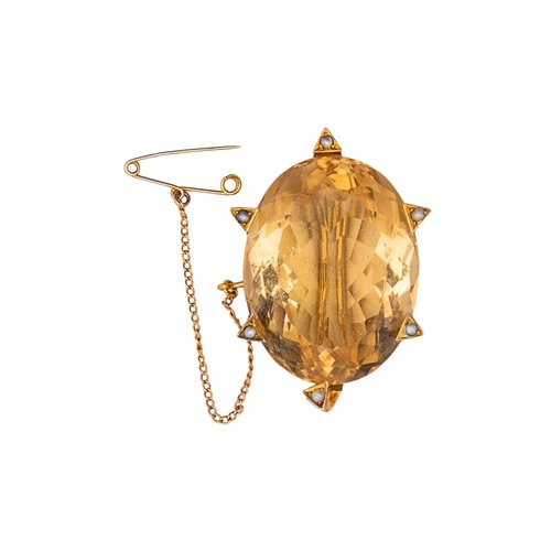 Late Victorian A citrine and split pearl brooch The large ov...
