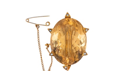 Late Victorian A citrine and split pearl brooch The large ov...