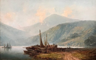 Loch Lomond Scotland Fishing Boats 19th Century Oil Painting c.1872