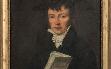 Lot 52 ECOLE FRANCAISE vers 1840. "Portrait d'homme au journal". Huile sur toile. 61 x 50 cm. Rentoilage, restaurations anciennes. RM