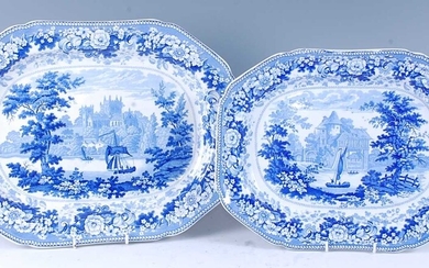 A pair of Minton blue and white printed meat plates in the English Scenery series