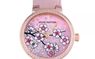 Louis Vuitton Tambour PM Sakura Q1K09 Pink Dial Leather Ladies Watch