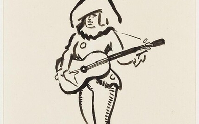 Ludovic-Rodo Pissarro, French 1878 – 1952- Jester with a guitar; ink, signed with initials lower center, 26.5 x 21cm (ARR) Provenance: Private Collection, London Note: Mrs Lélia Pissarro has confirmed the authenticity of this piece.
