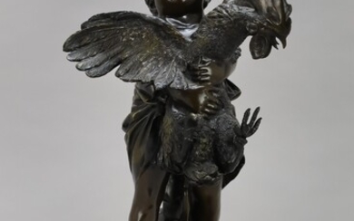 MOREAU A. (d'après) "Jeune fille en pleurs tenant un coq" réplique en bronze - Hauteur...