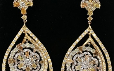 MULTI-COLOR FANCY DIAMOND, GOLD DANGLE EARRINGS