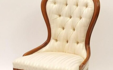 Mahogany framed bedroom chair with cream striped button