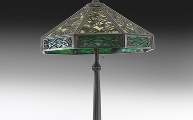 Manner of HANDEL, Bronze Overlay Slag Glass Lamp