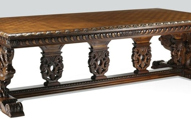 Massive 19th c. carved table w/ parquetry top