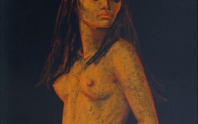 Maurice Man, British 1921-1997- Standing draped female nude, 1971; coloured chalk, signed with initials, bears label on the reverse, 73.5 x 53 cm (ARR)