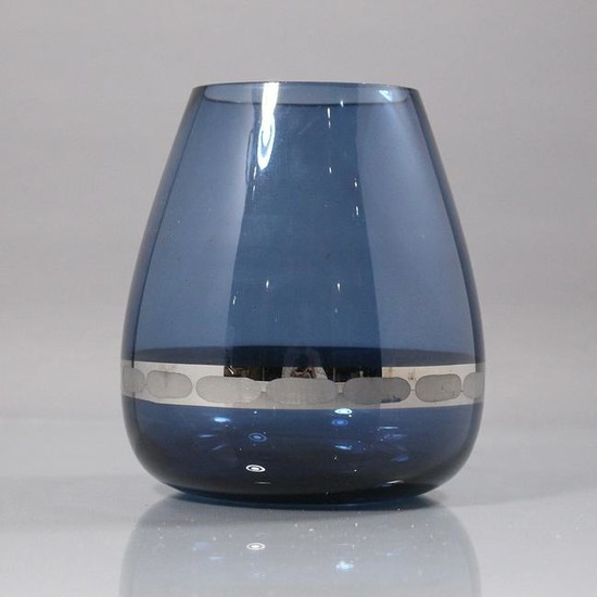 Mid-Century Modern Blue Glass Vase Silver Banding