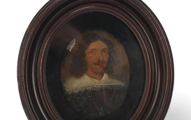 Miniature oil on metal, portrait of a man wearing a lace col...