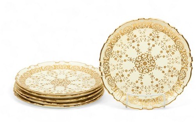 Mintons (England) Raised Gilded Porcelain Plates, Retailed by Tiffany & Co., Ca. 1900, Dia. 8.75" 6 pcs