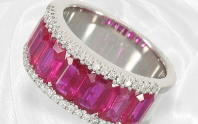 Modern, wide 18K white gold ruby/brilliant-cut diamond goldsmith ring, handmade, approx. 4.03ct, unworn